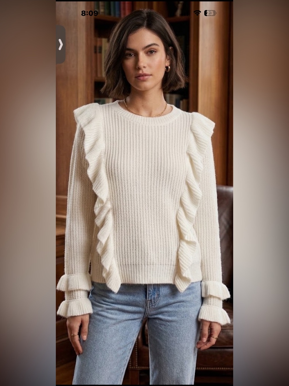 POL Cream Ruffle Knit Crewneck Sweater